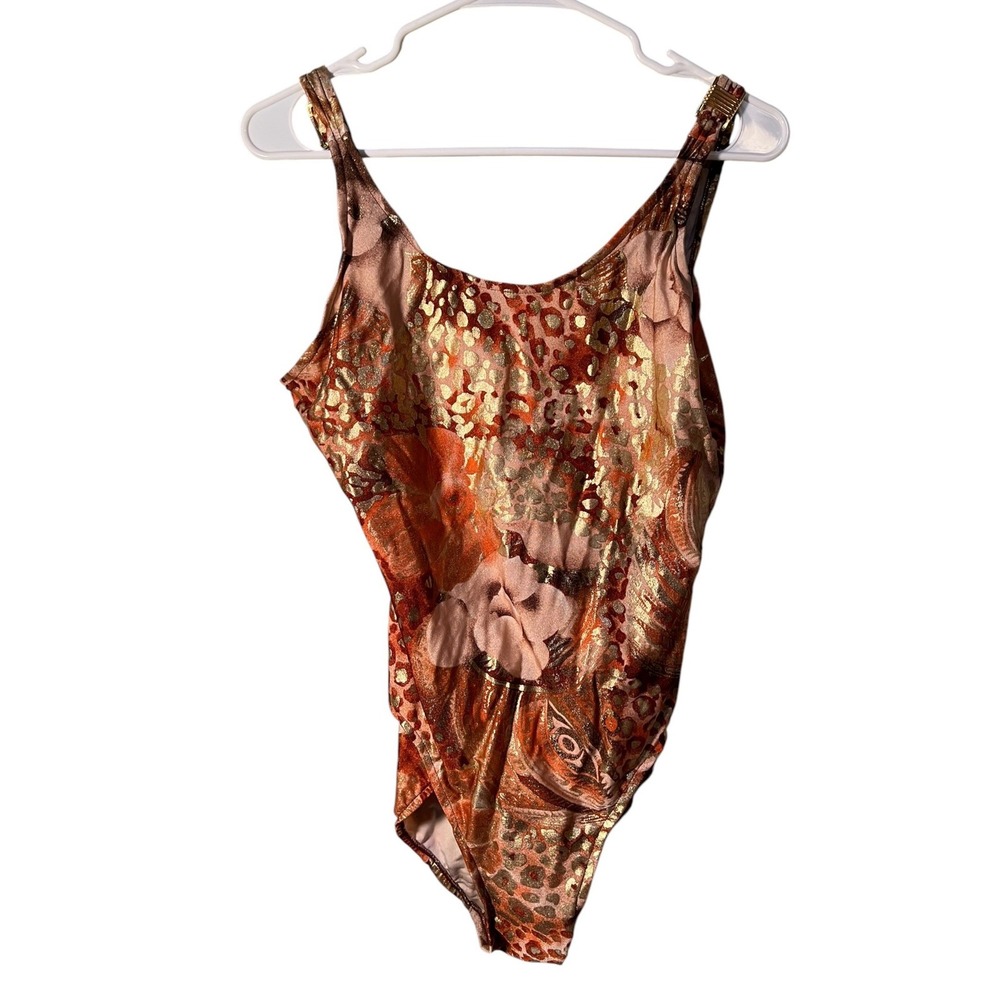 Vintage Sun Streak Womens Size 14 One Piece Swim Suit Burnt Orange Gold Metallic